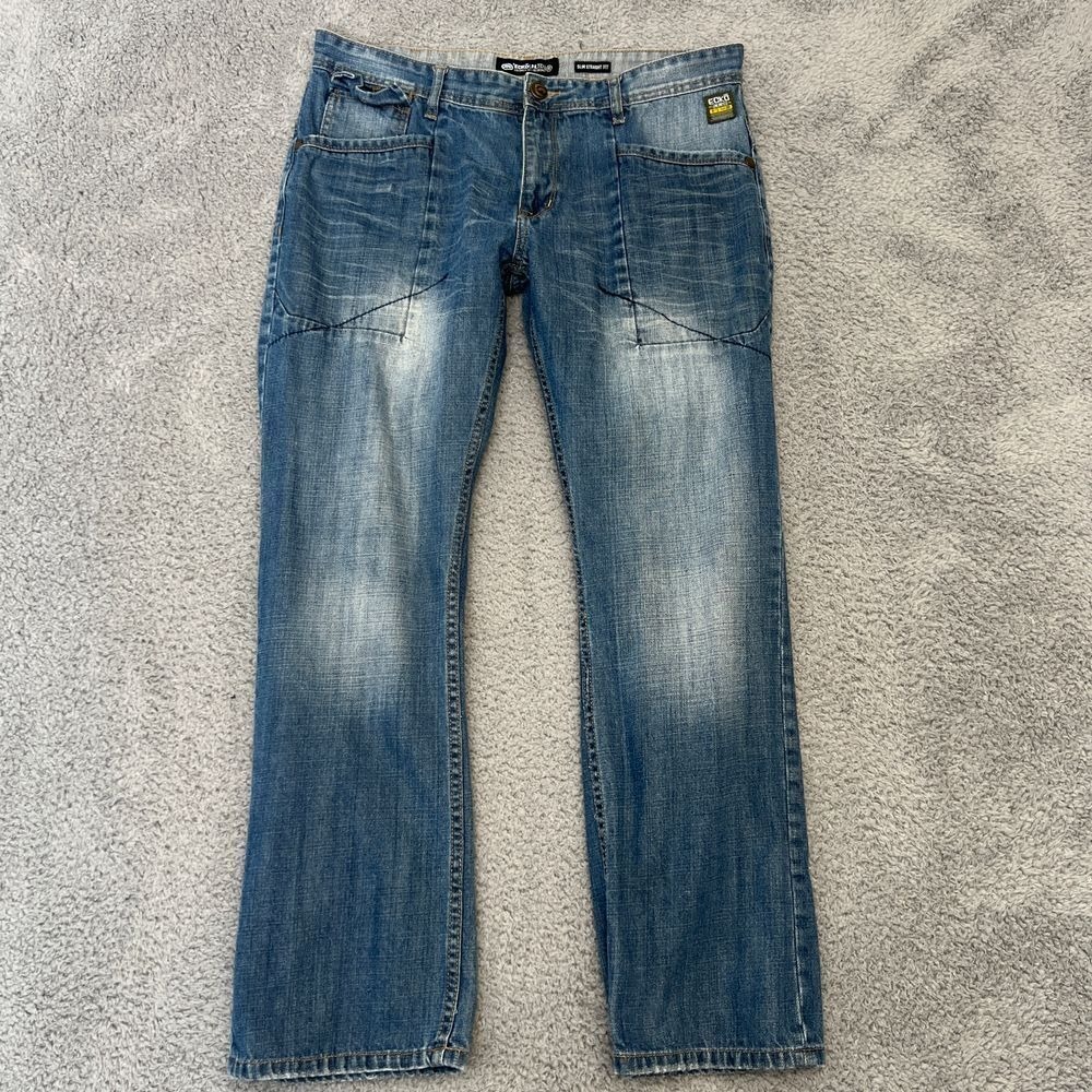 Ecko Unltd Slim‎ Straight Jeans Mens 34 Blue Excellent Y2K Embroidered Denim - Picture 2 of 16